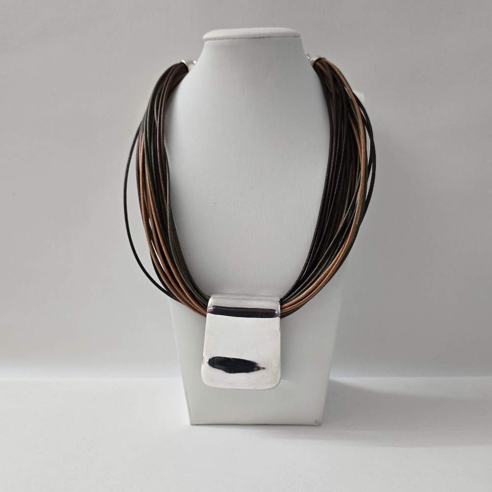 Artisan Italian Sterling Silver Pendant Necklace with Multi-Strand Leather – 925